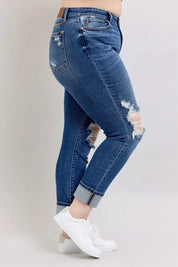 Judy Blue Full Size Mid Rise Boyfriend destroy Jeans with Yoke Pockets and Faux Selvedge Cuff Plus Size | Daverri Fashions