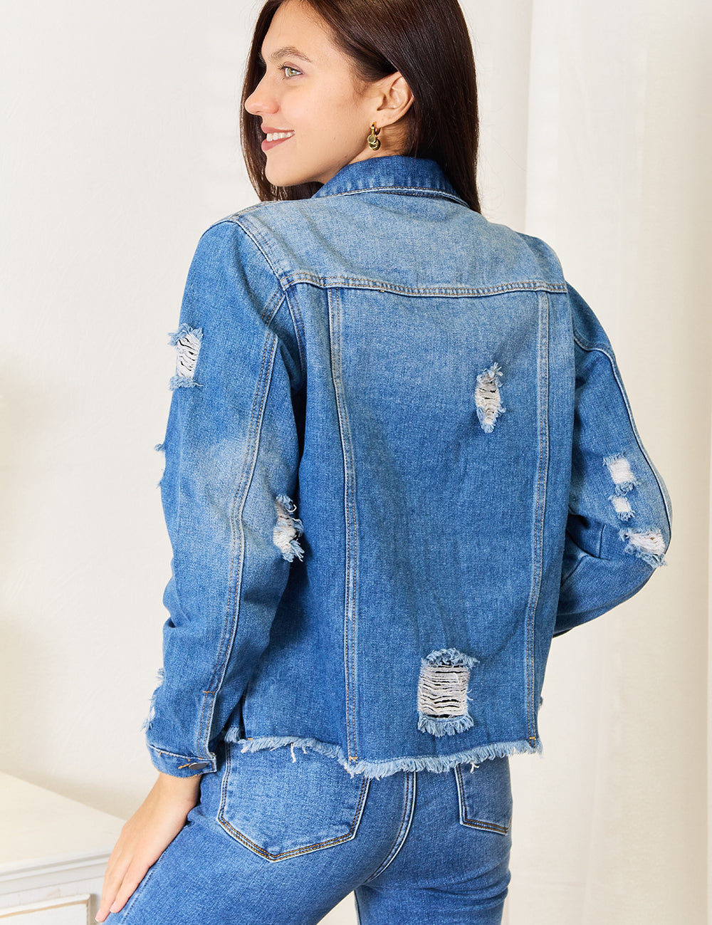 Baeful Leopard Floral Distressed Raw Hem Denim Jacket | Jackets Daverri Fashions