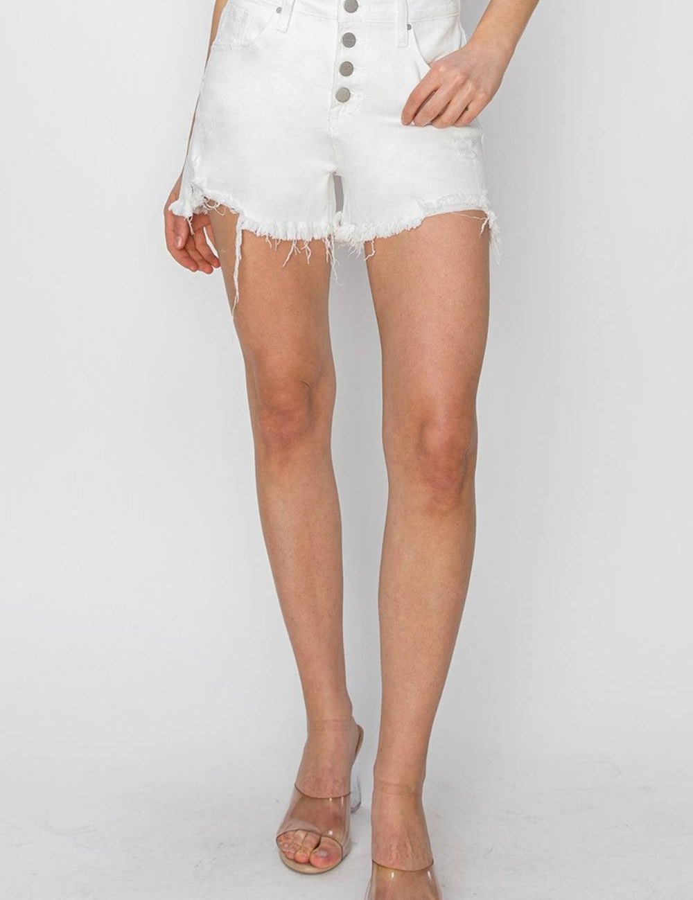RISEN Button Fly Frayed Hem Denim Shorts | Daverri Fashions