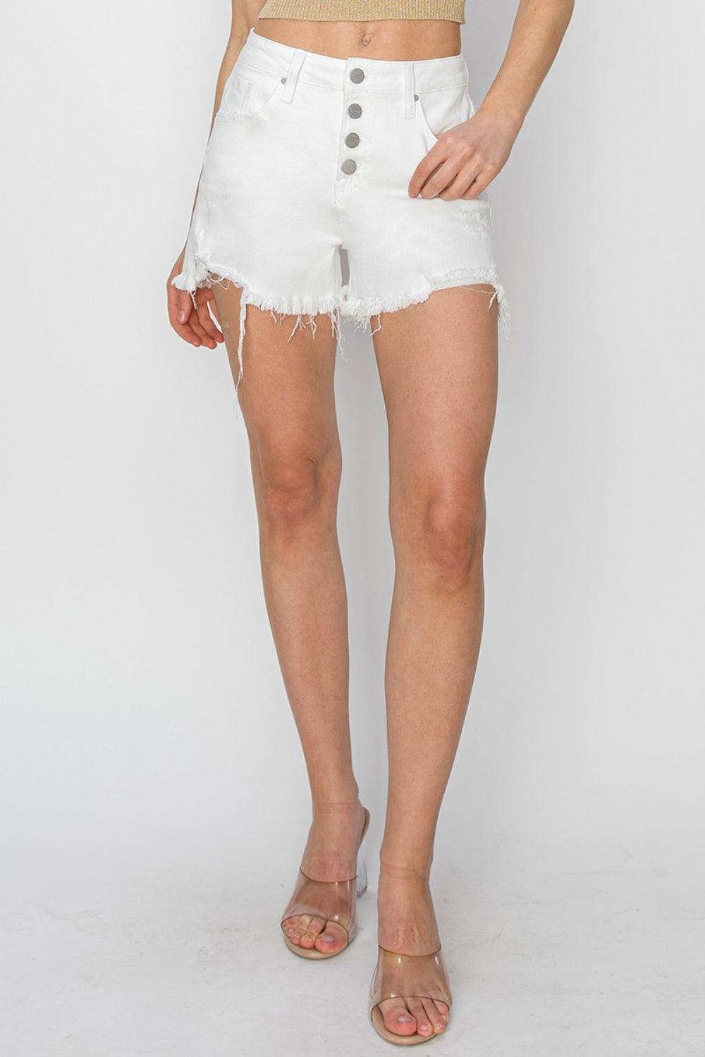 RISEN Button Fly Frayed Hem Denim Shorts | Daverri Fashions