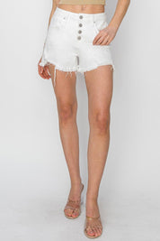 RISEN Button Fly Frayed Hem Denim Shorts | Daverri Fashions