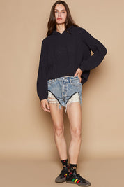 POL Back Open Slit Balloon Sleeve Crop Hooded Sweater | Sweaters Daverri Fashions
