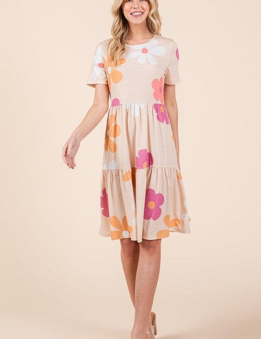 BOMBOM Floral Round Neck Short Sleeve Tiered Dress | Daverri Fashions