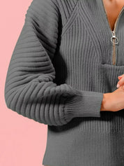 SO ME Half Zip Raglan Balloon Sleeves Ribbed Sweater | Sweaters Daverri Fashions