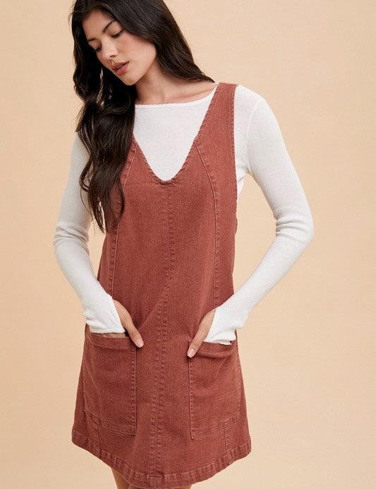 Rust Annie Wear V-Neck Adjustable Strap Denim Overall Dress with Pockets | Tops Daverri Fashions