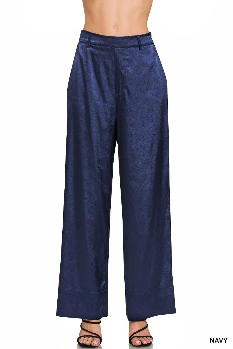 NAVY M Zenana Wide-Leg Satin Pants Navy | Pants Daverri Fashions