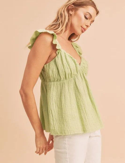 Aemi + Co Sweetheart Neck Ruffled Strap Top Yellow Green | Tops Daverri Fashions