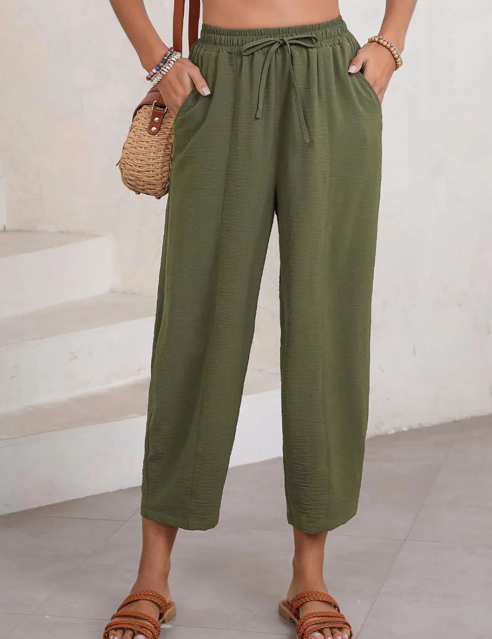 Army Green Full Size Drawstring Cropped Jogger Pants Plus Size | Pants Daverri Fashions