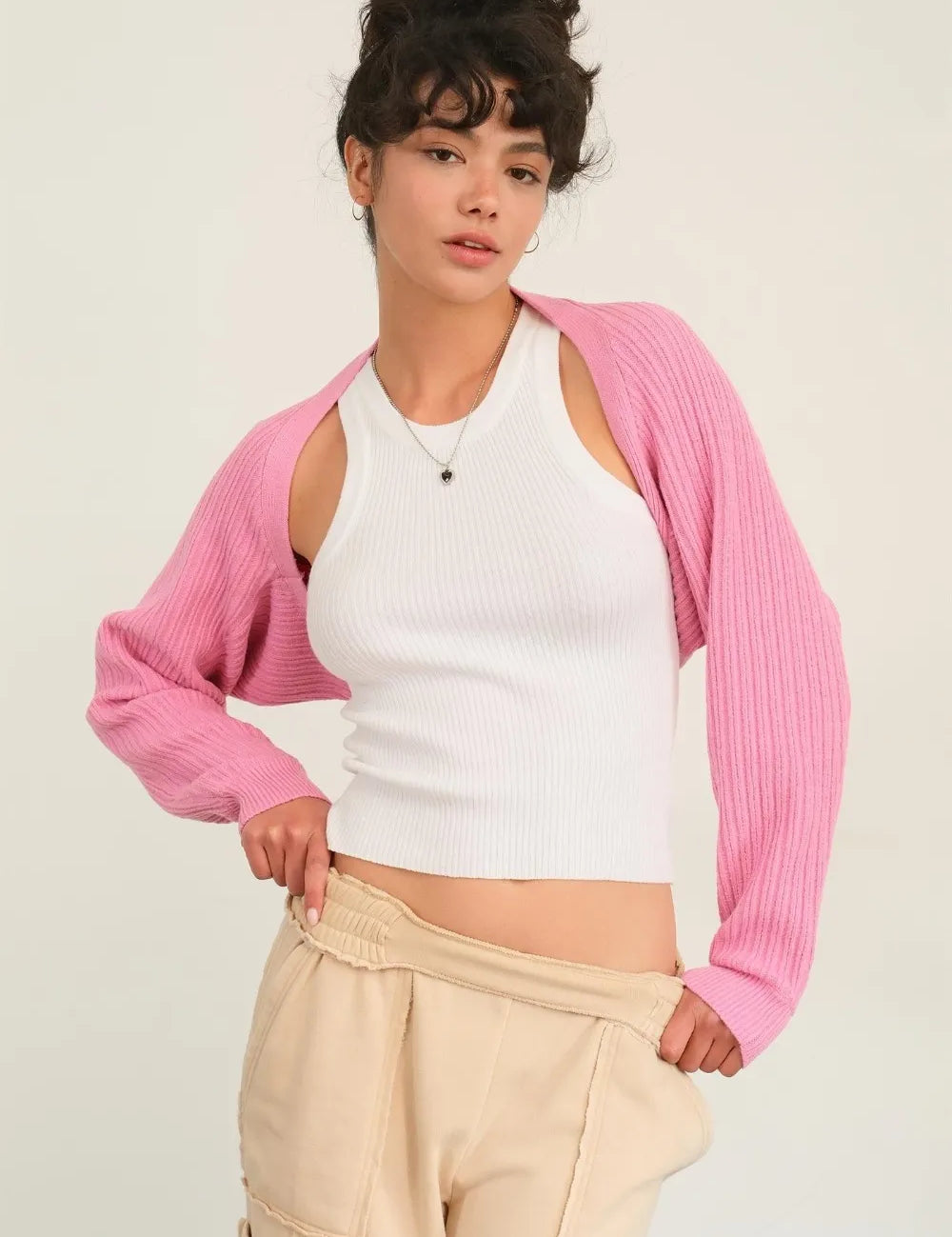 Rose Pink HYFVE Ribbed Knit Bolero Cardigan | Cardigans Daverri Fashions