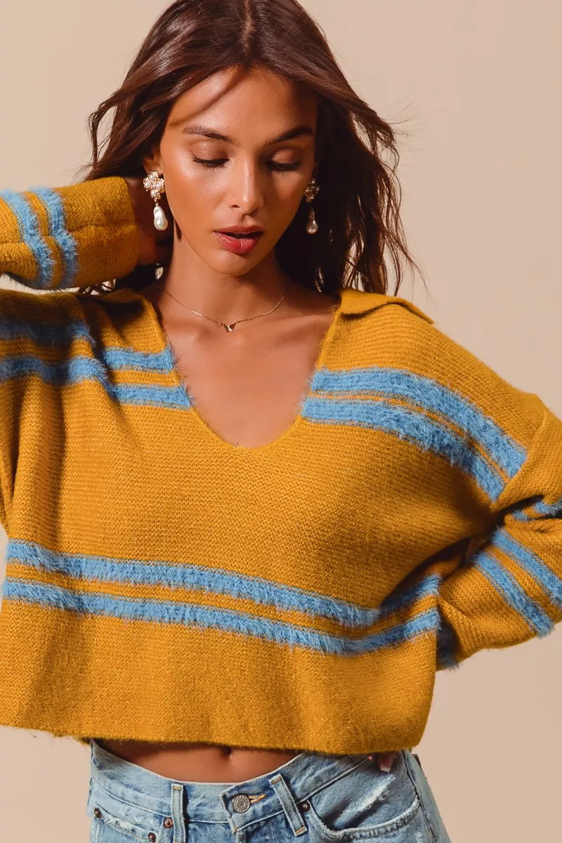 SO ME Fuzzy Hairy Stripe Deep U Neck Swetaer | Sweaters Daverri Fashions