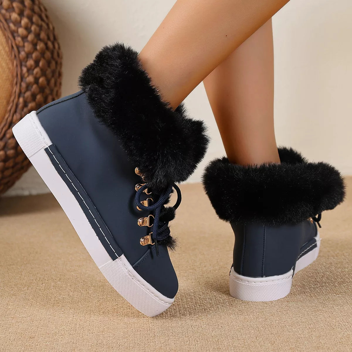 Dark Blue Round Toe Platform Boots | Boots Daverri Fashions