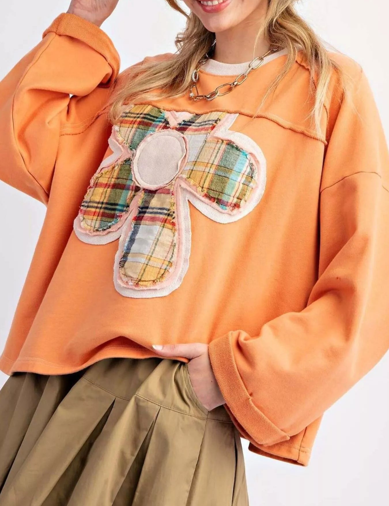 Orange Plaid Flower Patched Round Neck T-Shirt | T-Shirts Daverri Fashions