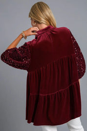 Umgee Sequin Detail Tiered Back Half Sleeve Shirt | Daverri Fashions