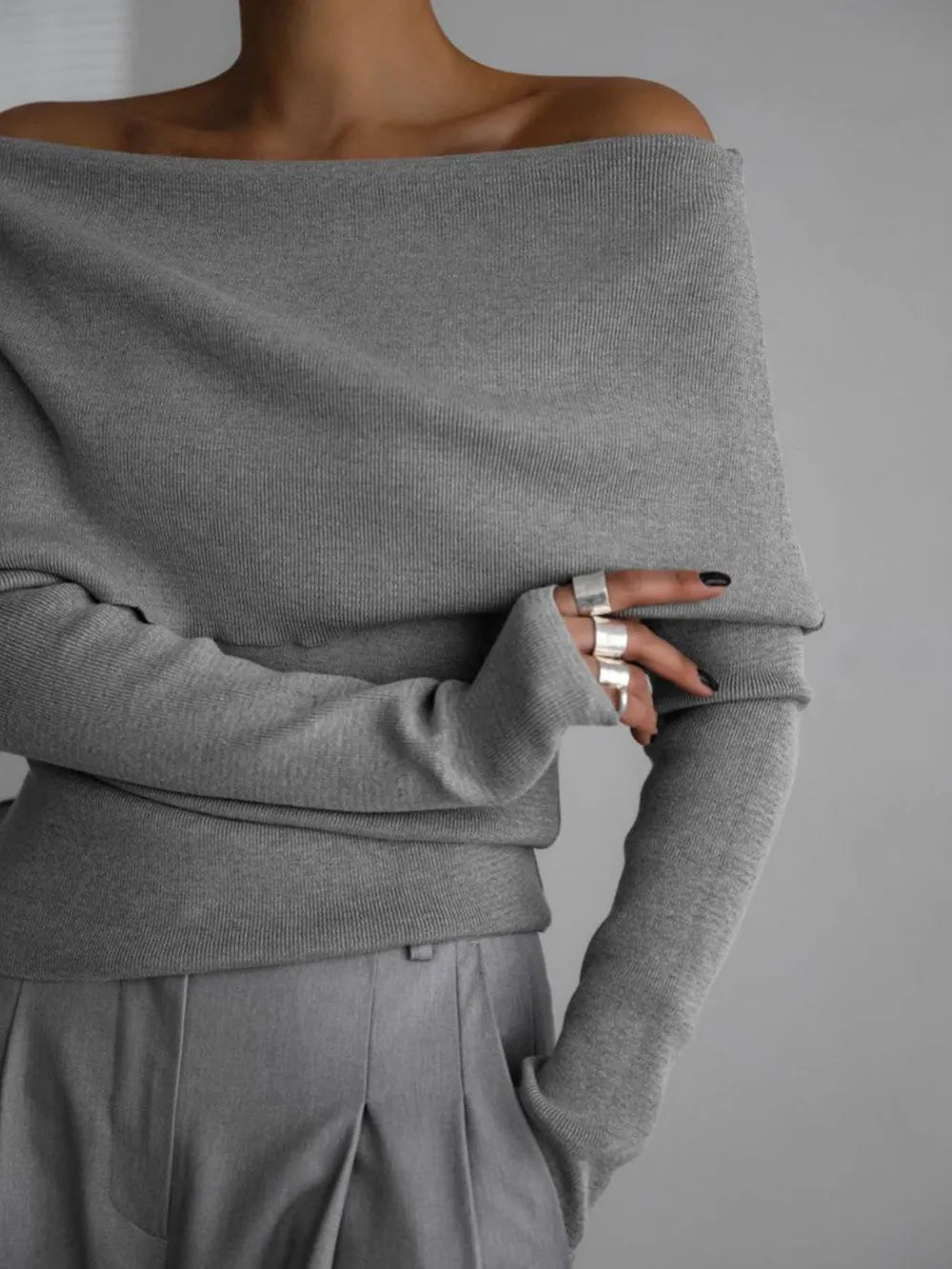 Off-Shoulder Long Sleeve Knit Top | Knit Tops Daverri Fashions