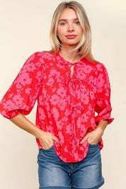 Haptics Full Size Ribbon Bow Floral Balloon Sleeve Blouse | Blouses Daverri Fashions