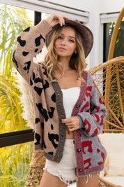BiBi Leopard Color Block Button Down Sweater Cardigan | Cardigans Daverri Fashions