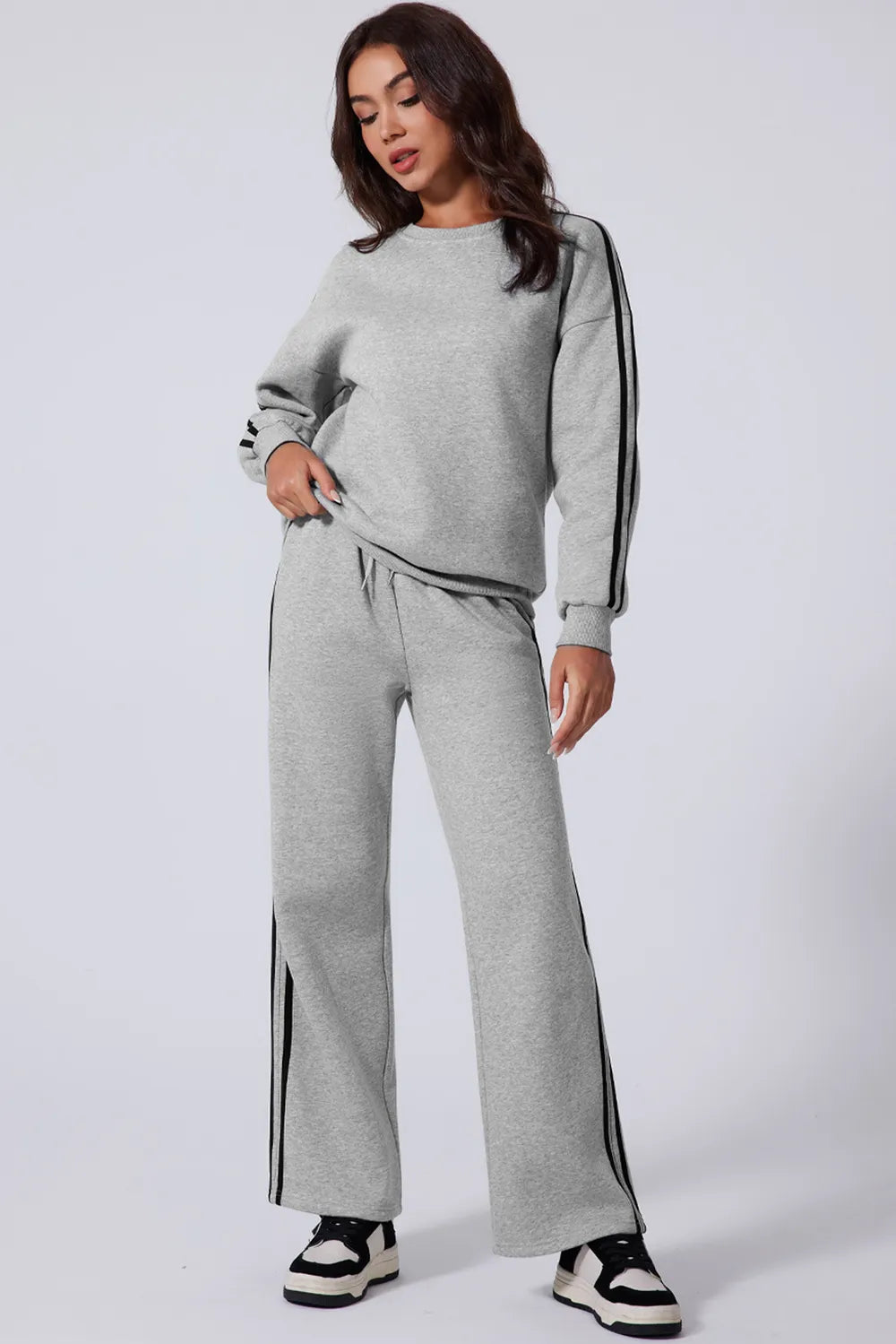 Side Striped Round Neck Top and Pants Active Set | Loungewear Sets Daverri Fashions