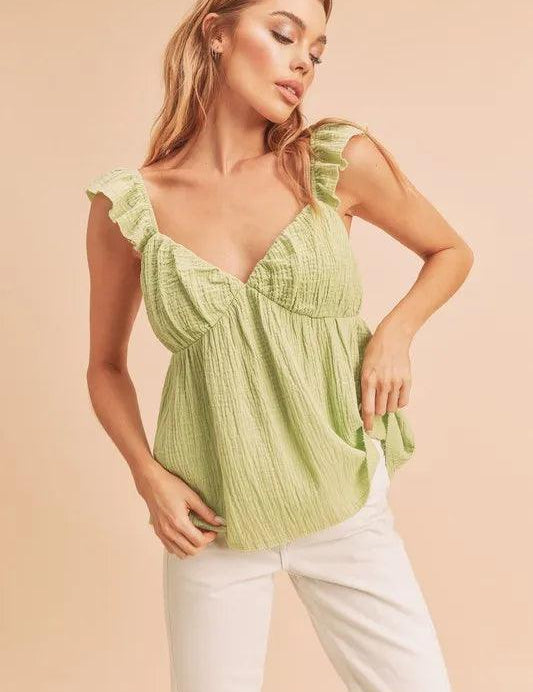 Yellow-Green Aemi + Co Sweetheart Neck Ruffled Strap Top Yellow Green | Tops Daverri Fashions
