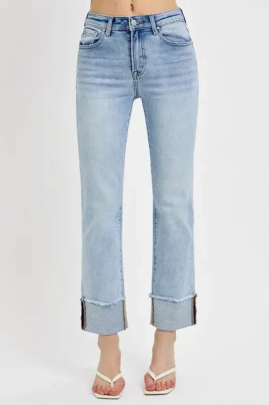 RISEN High Rise Straight Cuffed Relaxed Jeans - DAVERRI FASHIONS