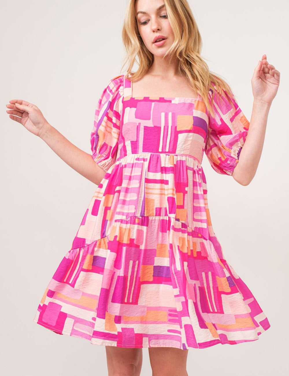 And The Why Color Block Puff Sleeve Dress | Daverri Fashions