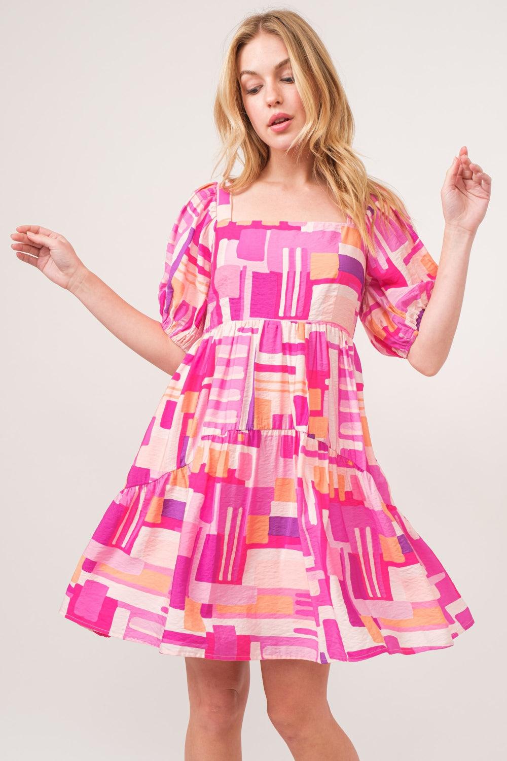 And The Why Color Block Puff Sleeve Dress | Daverri Fashions