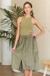 Lt Olive ADORA Drawstring Sleeveless Washed Dress | Daverri Fashions