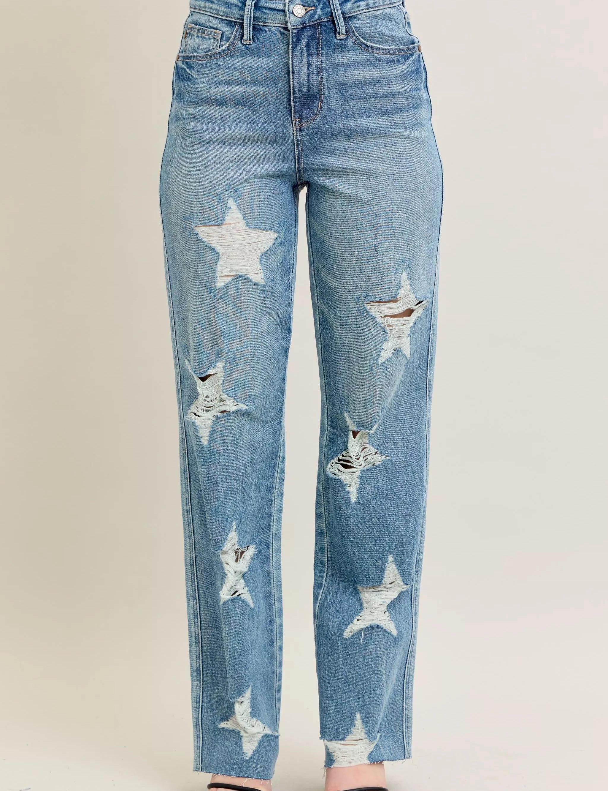 MD Judy Blue Full Size High Waist Rigid Magic Star Shaped Destroy 90's Straight Jeans Plus Size | Jeans Daverri Fashions