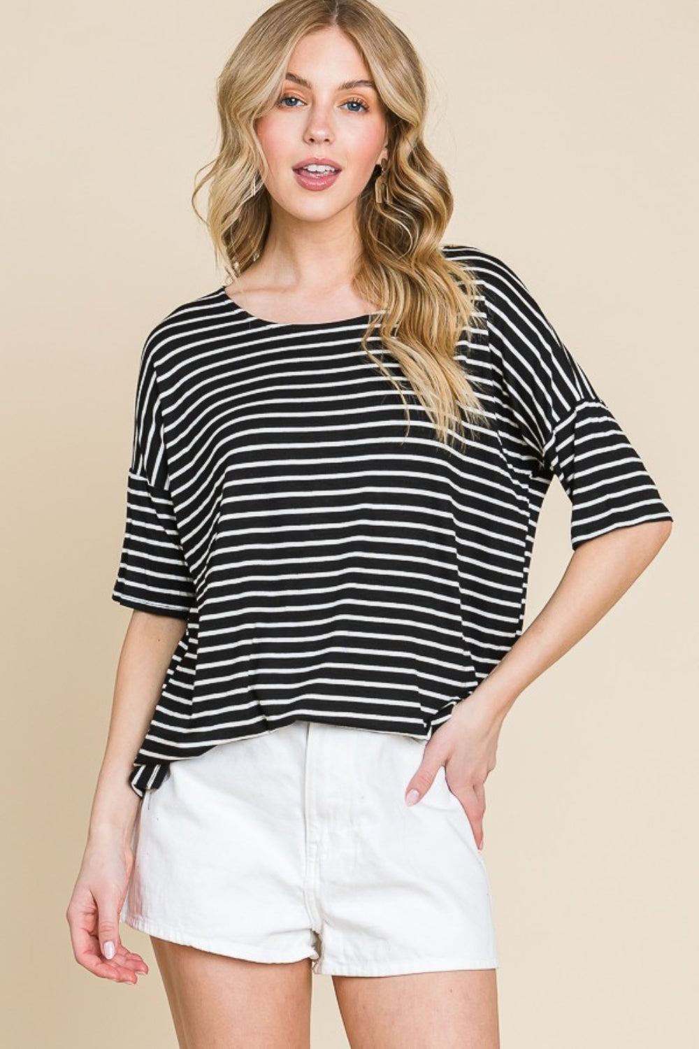 BOMBOM Striped Round Neck T-Shirt | Daverri Fashions