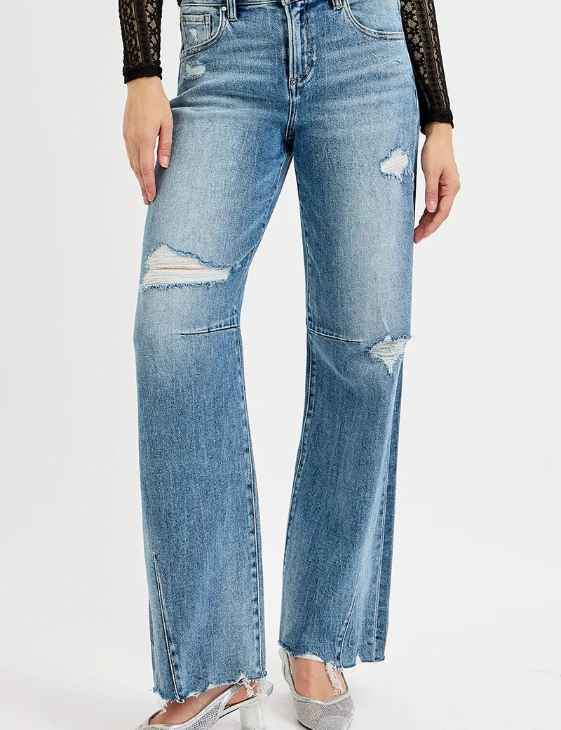 MEDIUM RISEN Full Size Mid Rise Fit Wide Baggy Leg Tie Washed Jeans Plus Size | Jeans Daverri Fashions