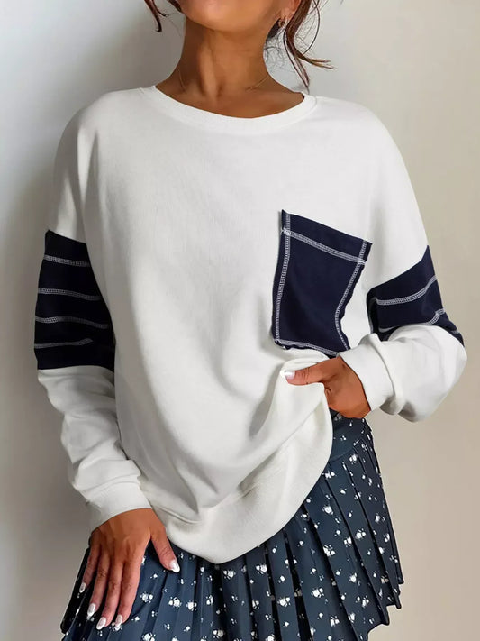 Exposed Seam Detail Color Block Patch Pocket Drop Shoulder Sweatshirt - DAVERRI FASHIONS