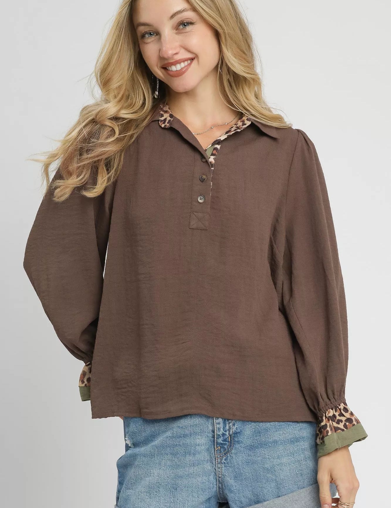 CHOCOLATE S Umgee Half Button Blouse with Leopard Print Trim | Daverri Fashions
