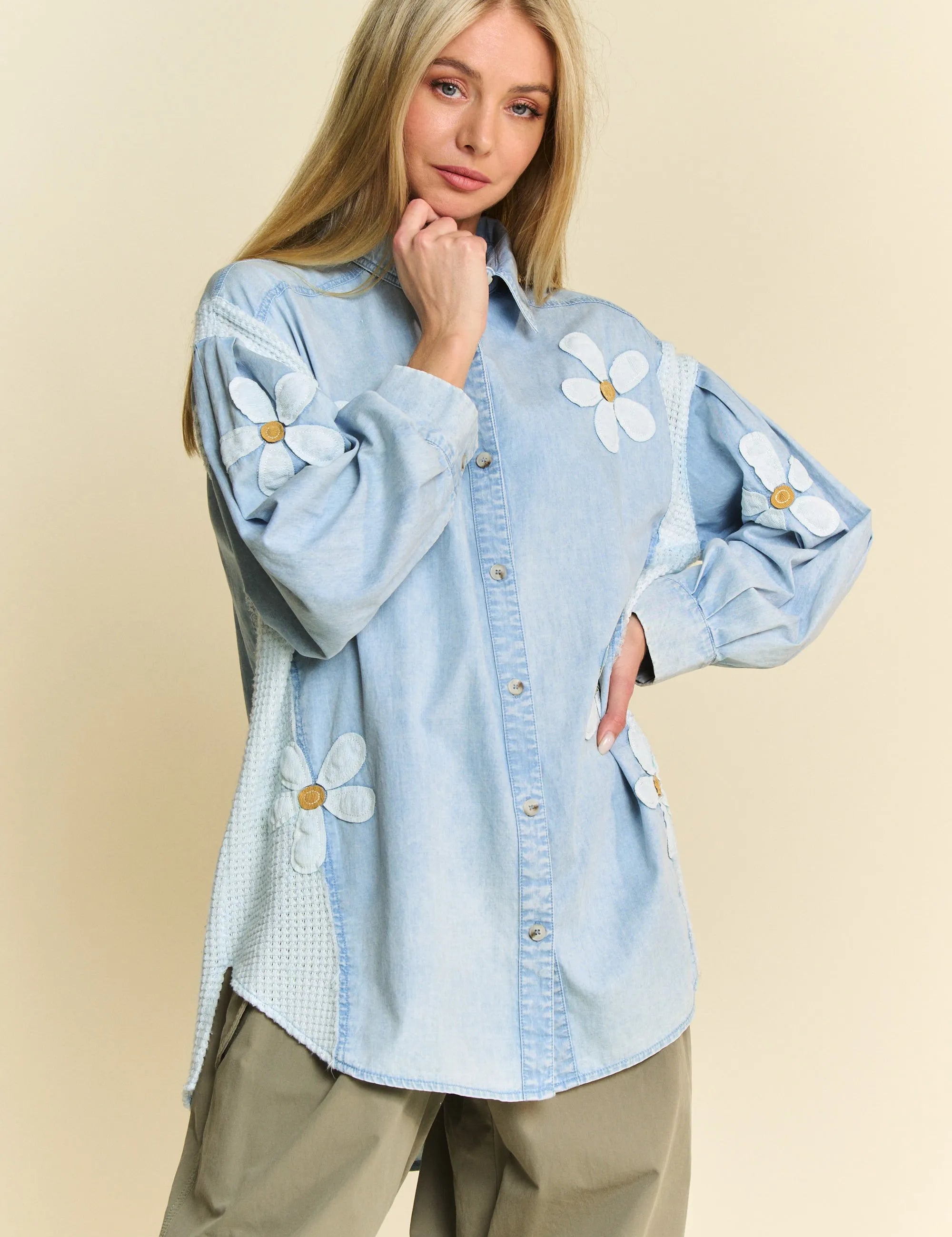 LIGHT DENIM M Davi & Dani Lightweight Washed Daisy Patch Waffle Knit Shirt | Shirts Daverri Fashions