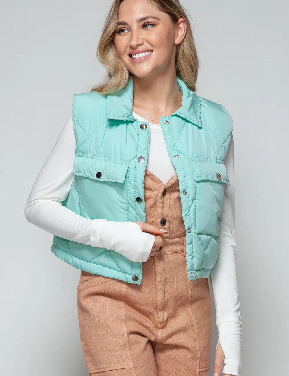 Green Snobbish Snap Down Quilted Crop Vest | Vest Jackets Daverri Fashions