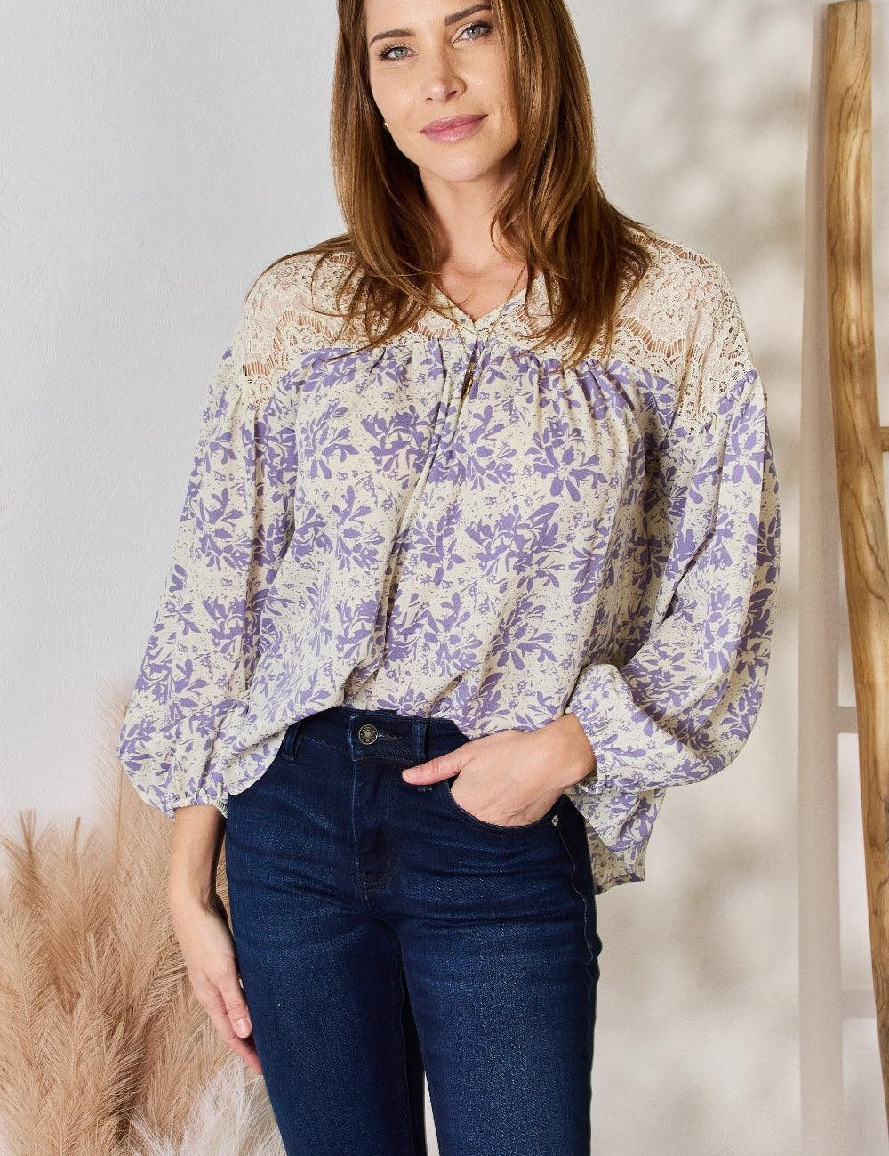 LILAC Hailey & Co Full Size Lace Detail Printed Blouse | Blouses Daverri Fashions