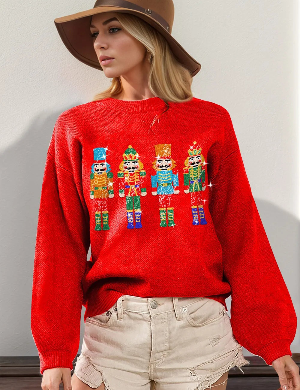 Red Double Take Full Size Sequin Nutcracker Long Sleeve Sweater | Sweaters Daverri Fashions