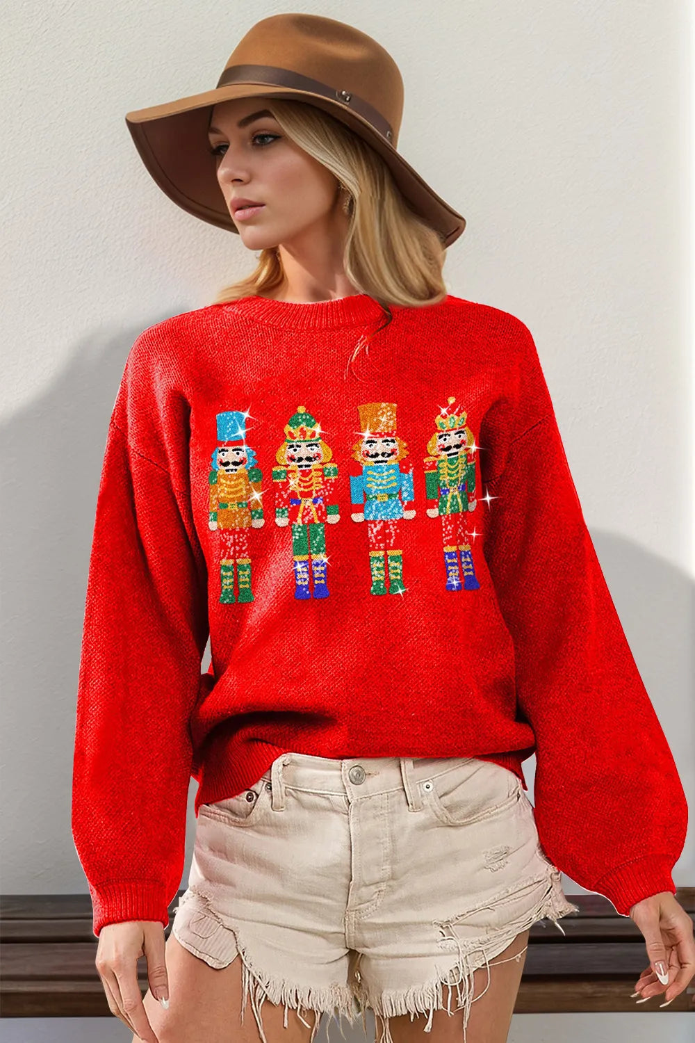 Red Double Take Full Size Sequin Nutcracker Long Sleeve Sweater | Sweaters Daverri Fashions