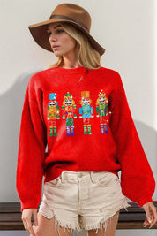 Red Double Take Full Size Sequin Nutcracker Long Sleeve Sweater | Sweaters Daverri Fashions