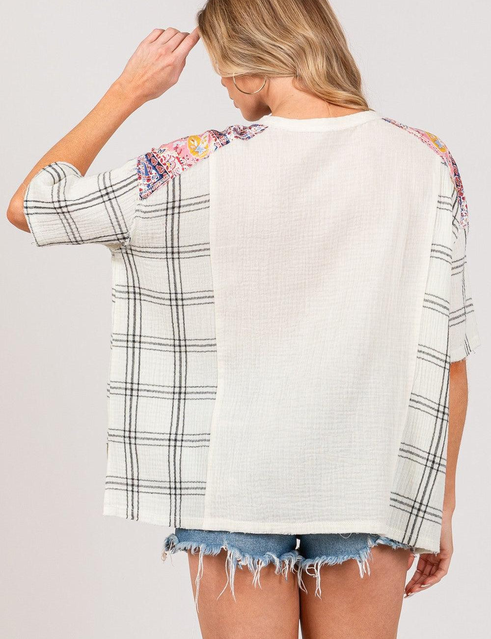 SAGE + FIG Plaid Half Button Gauze Top | Tops Daverri Fashions