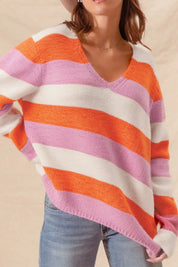 Tangerine Color Block V-Neck Long Sleeve Sweater | Sweaters Daverri Fashions