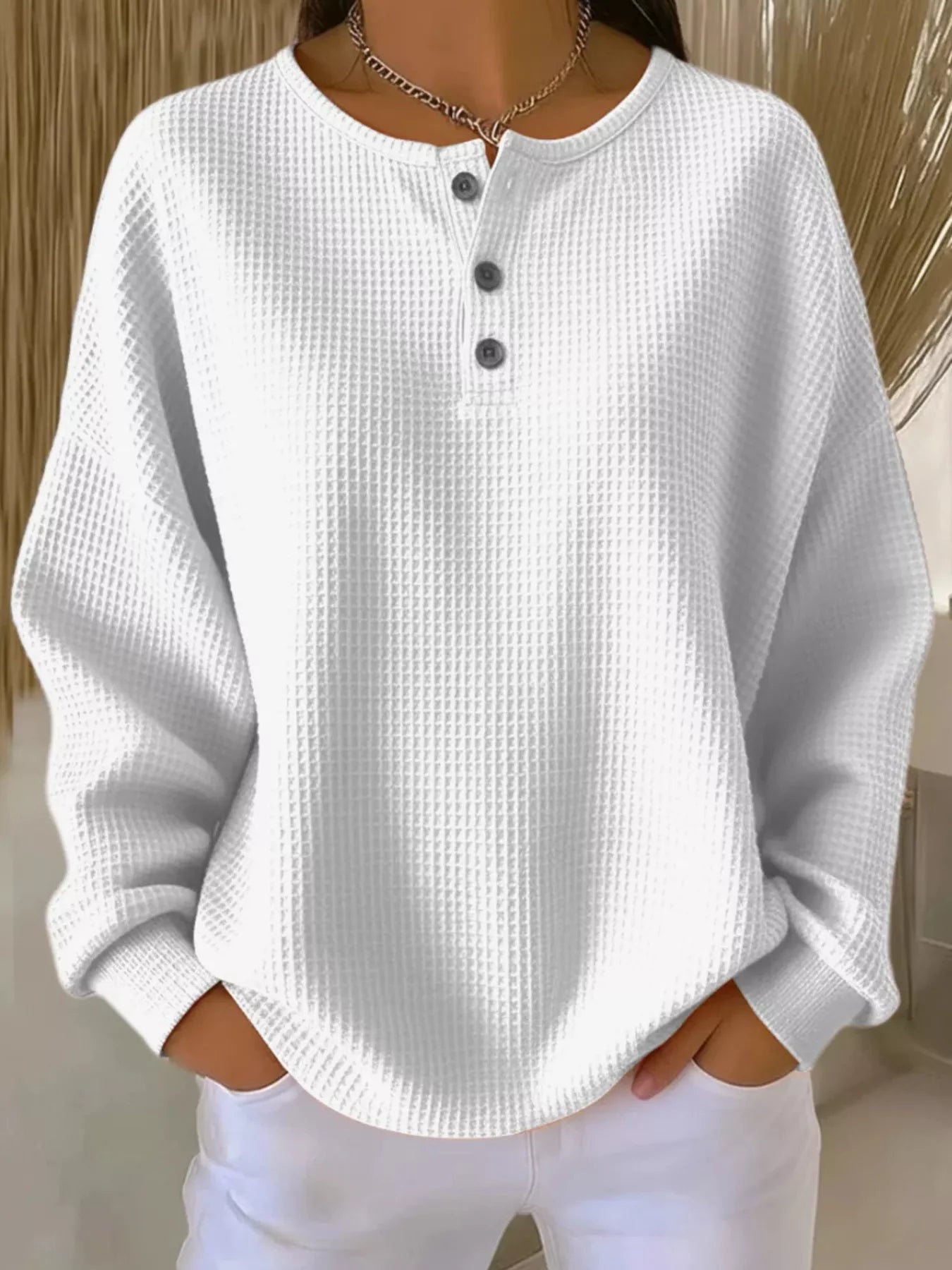 Gray white Full Size Waffle Knit Button Detail Top Plus Size | Knit Tops Daverri Fashions