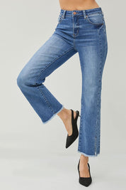 RISEN High Waist Raw Hem Slit Straight Jeans | Daverri Fashions