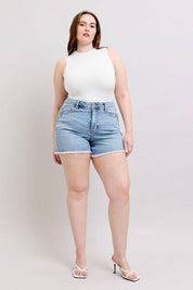 Judy Blue Tummy Control Raw Hem Denim Shorts | Denim Shorts Daverri Fashions