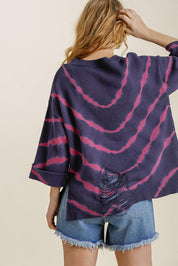 Umgee Tie Dye Side Slit Round Neck Distressed Detail Sweater | Sweaters Daverri Fashions
