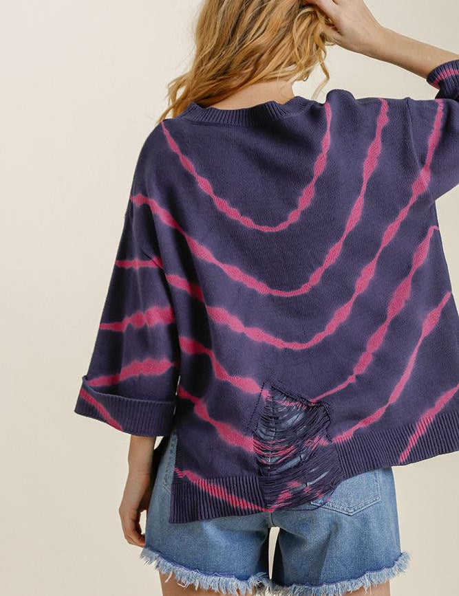 Umgee Tie Dye Side Slit Round Neck Distressed Detail Sweater | Sweaters Daverri Fashions