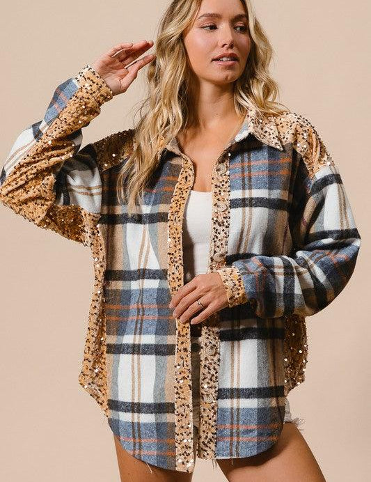 Latte Multi BiBi Curved Hem Sequin Plaid Button Up Shacket | Jackets Daverri Fashions