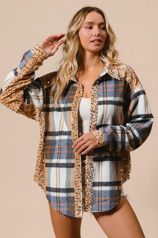 Latte Multi BiBi Curved Hem Sequin Plaid Button Up Shacket | Jackets Daverri Fashions