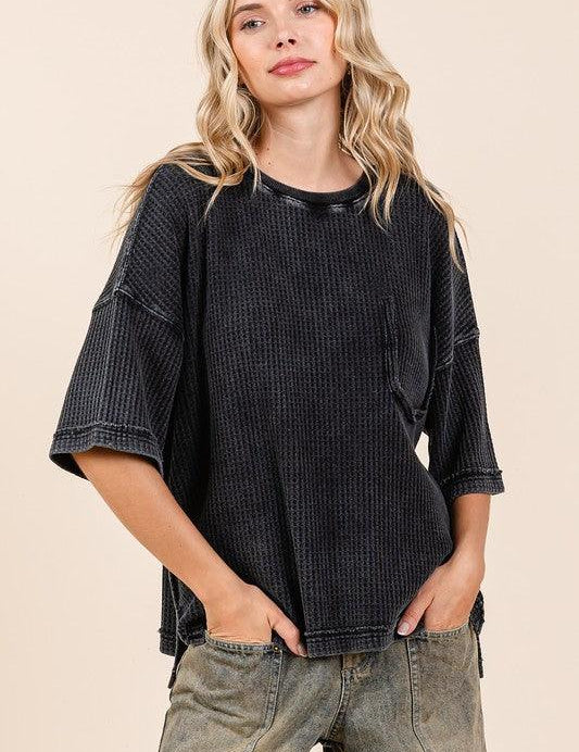 Ash Black Mittoshop Mineral Wash Waffle Knit Short Sleeve Top | Tops Daverri Fashions