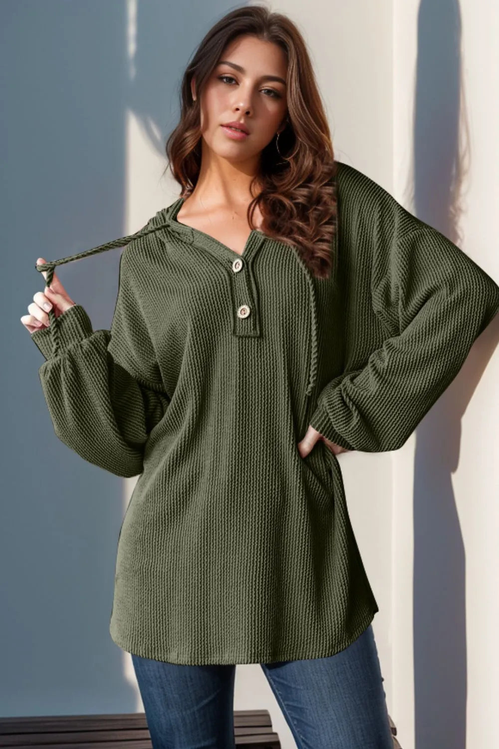 Double Take Full Size Half Button Long Sleeve Hoodie | Hoodies Daverri Fashions