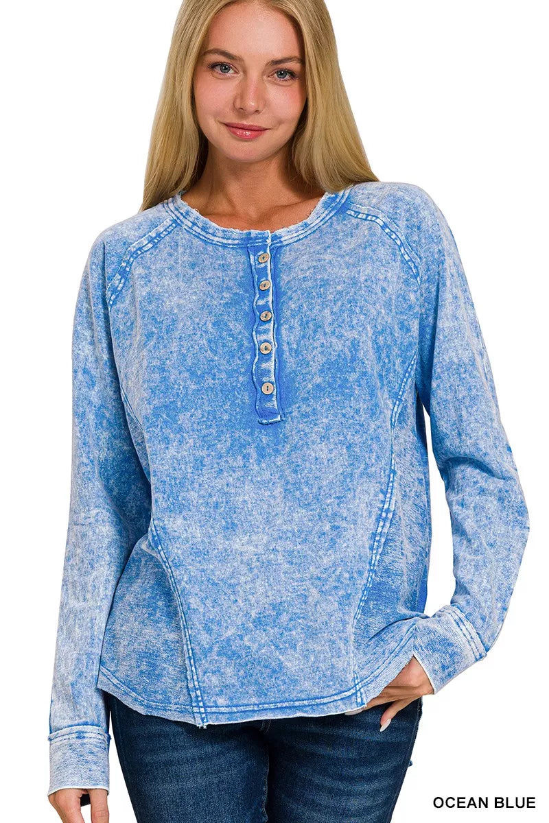 OCEAN BLUE Zenana Washed French Terry Half Button Top | Tops Daverri Fashions