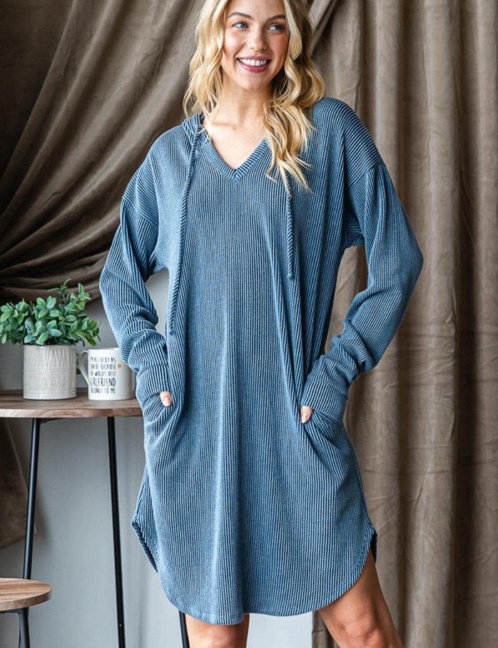 Dk Denim Heimish Ribbed Long Sleeve Hooded Dress | Knee Length Dresses Daverri Fashions